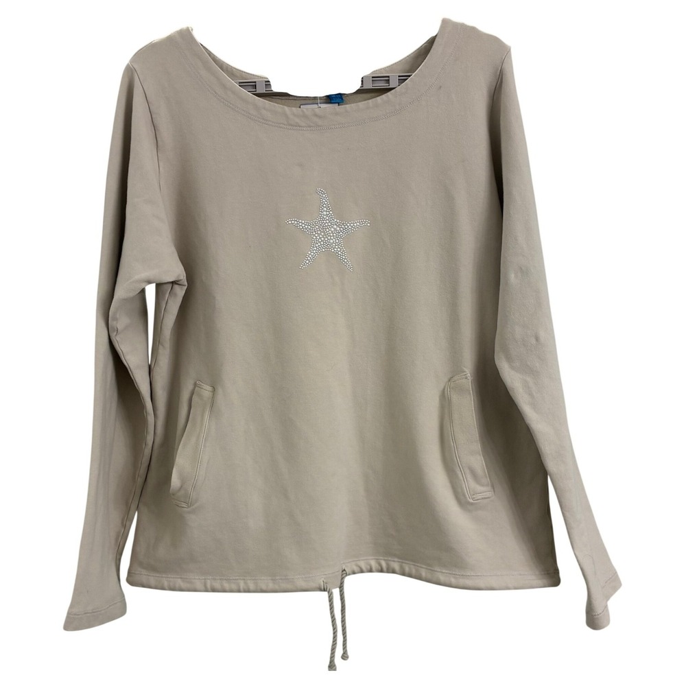 Fresh Produce Sweatshirt M/L Khaki Tan Beaded Starfish Drawstring Pockets NWT